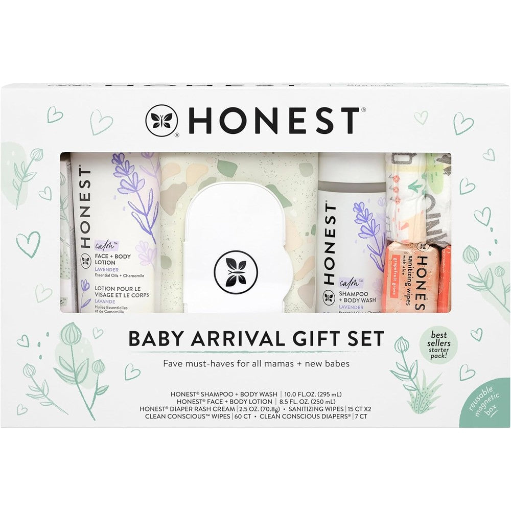 The Honest Company Baby Arrival Gift Set front view with lavender skincare products