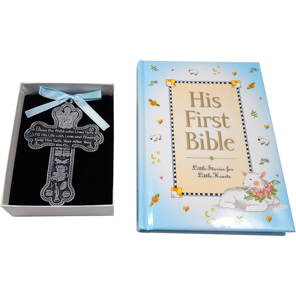 CA & KG Baby Boy First Bible and pewter guardian angel crib cross set front view