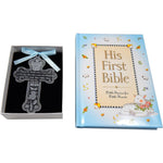 CA & KG Baby Boy First Bible and pewter guardian angel crib cross set front view