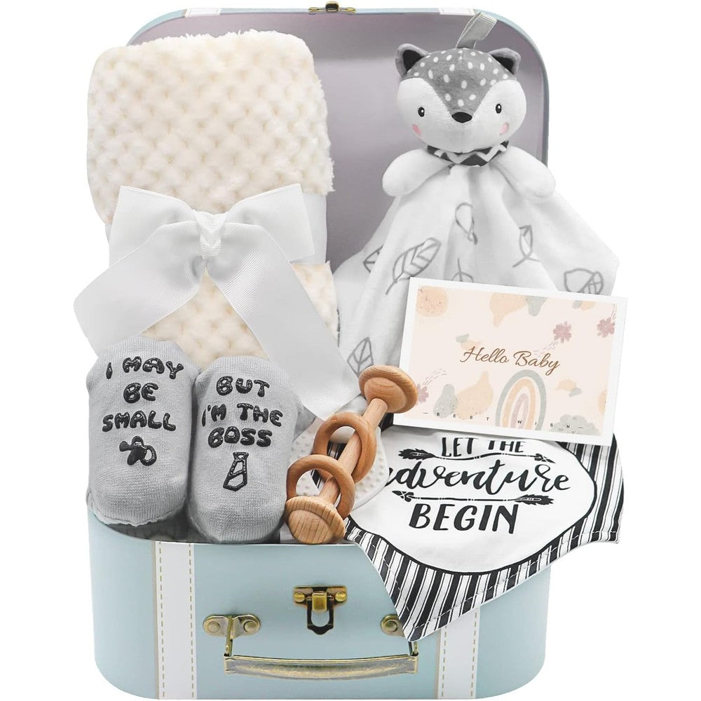 Fvntuey baby boy gift basket set with blue vintage suitcase
