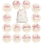 Burbell 3D baby monthly milestone card signs front view showing hello world wooden disc