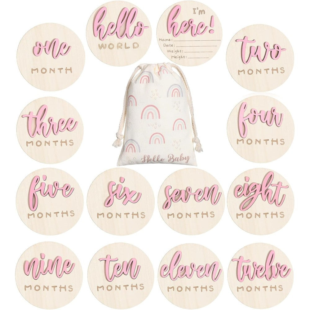 Burbell 3D baby monthly milestone card signs front view showing hello world wooden disc