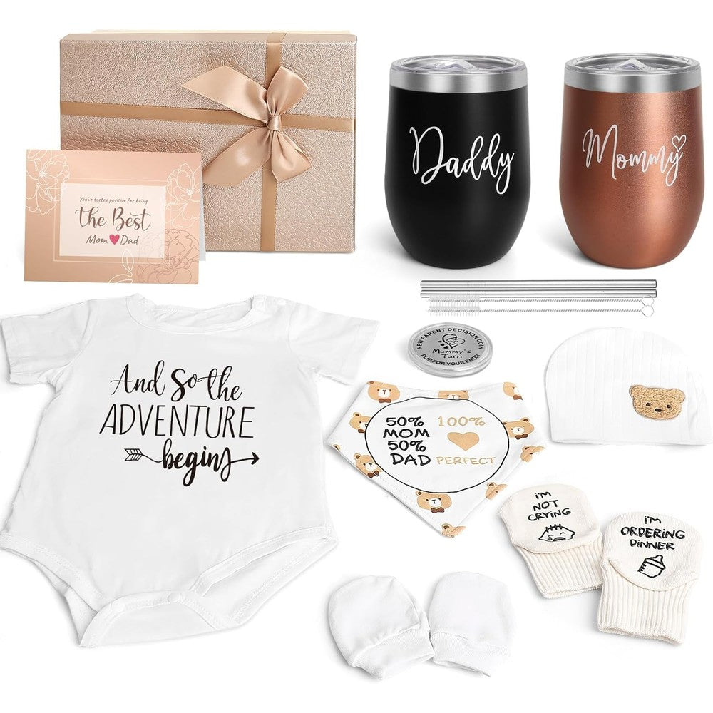 Suhctuptx new mom and dad gift set front view featuring tumblers and baby gear