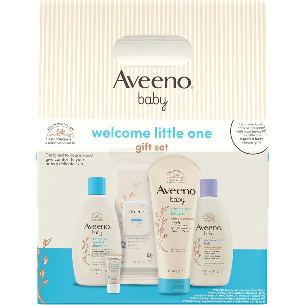 Aveeno Baby Welcome Little One Gift Set front view of 5 piece skincare collection