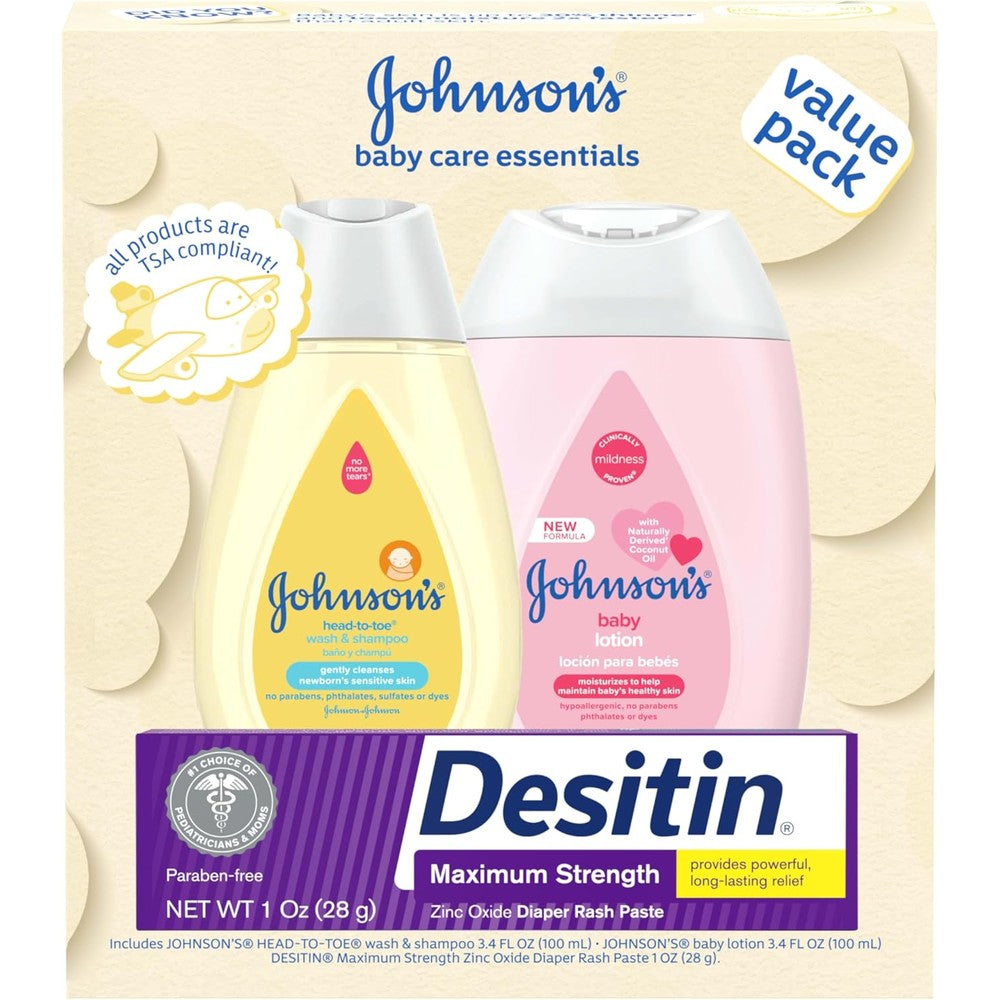 Johnson's Baby Care Essentials Gift Set front view with 3 items