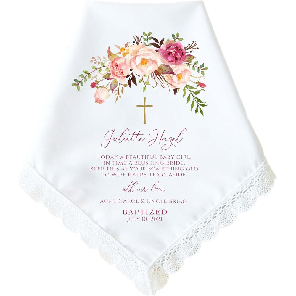 STVK personalized baptism handkerchief front view showing delicate lace border and floral cross embroidery details.