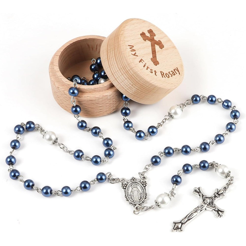 OEMOO My First Rosary baptism gifts set front view showing the blue and white glass pearl beads and silver crucifix.