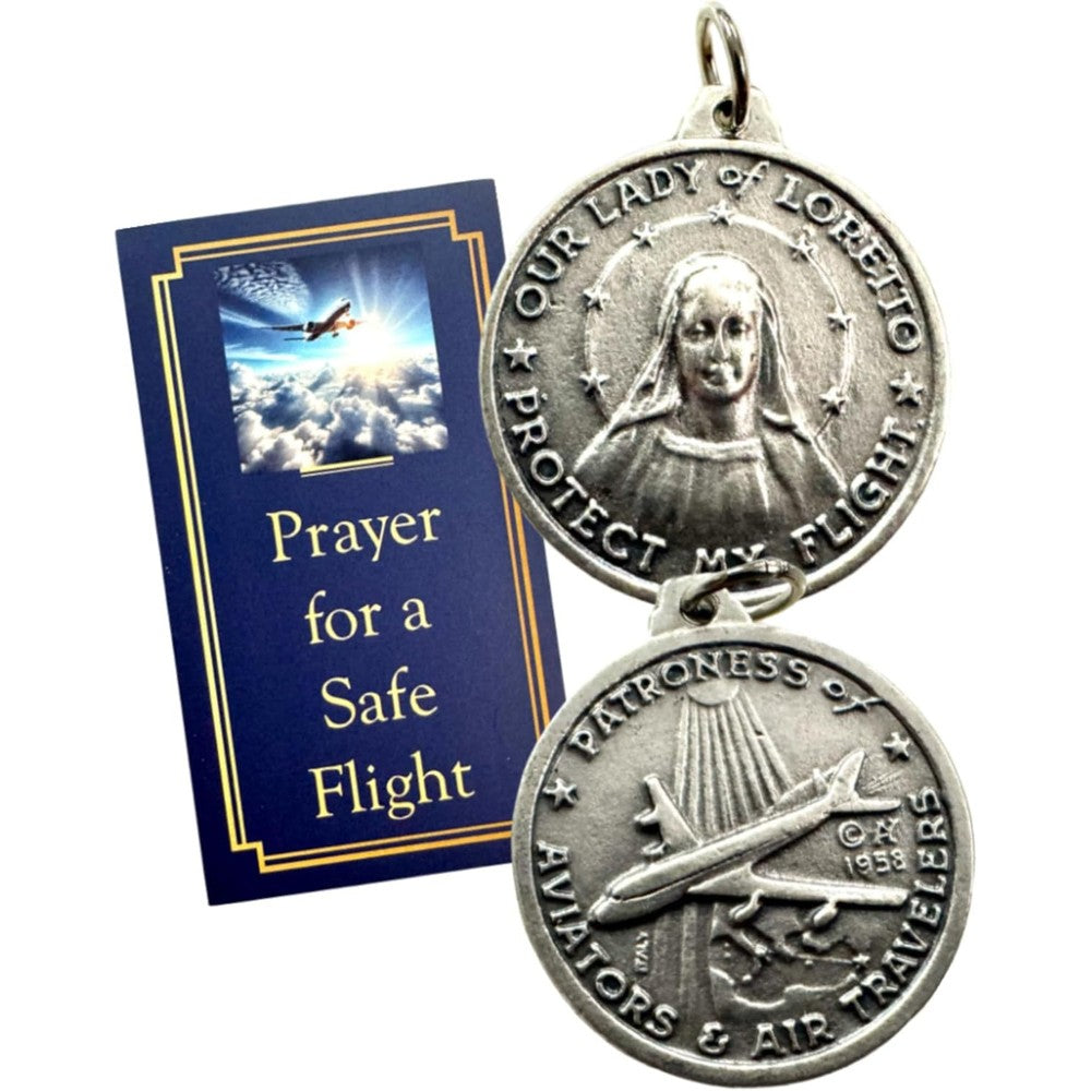 Westmon Works Our Lady of Loretto Italian Medal Set front view showing silver saint charm and travel prayer card