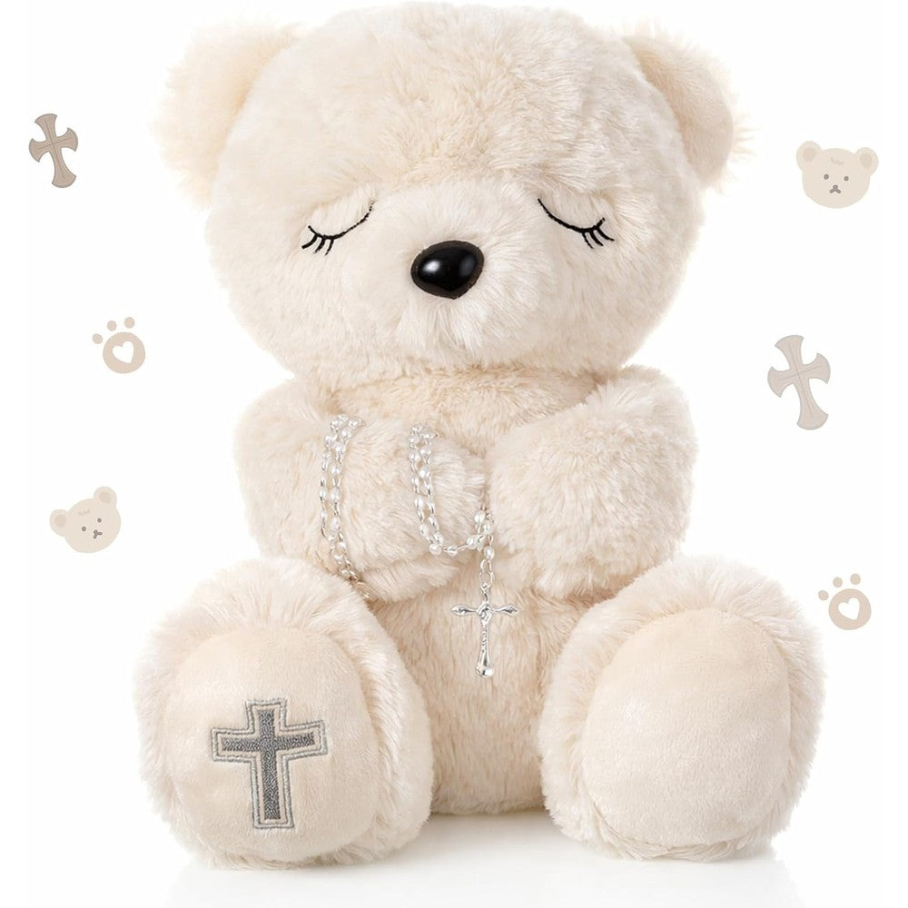 MiniInflat Blessed Plush Bear front view holding silver rosary beads.
