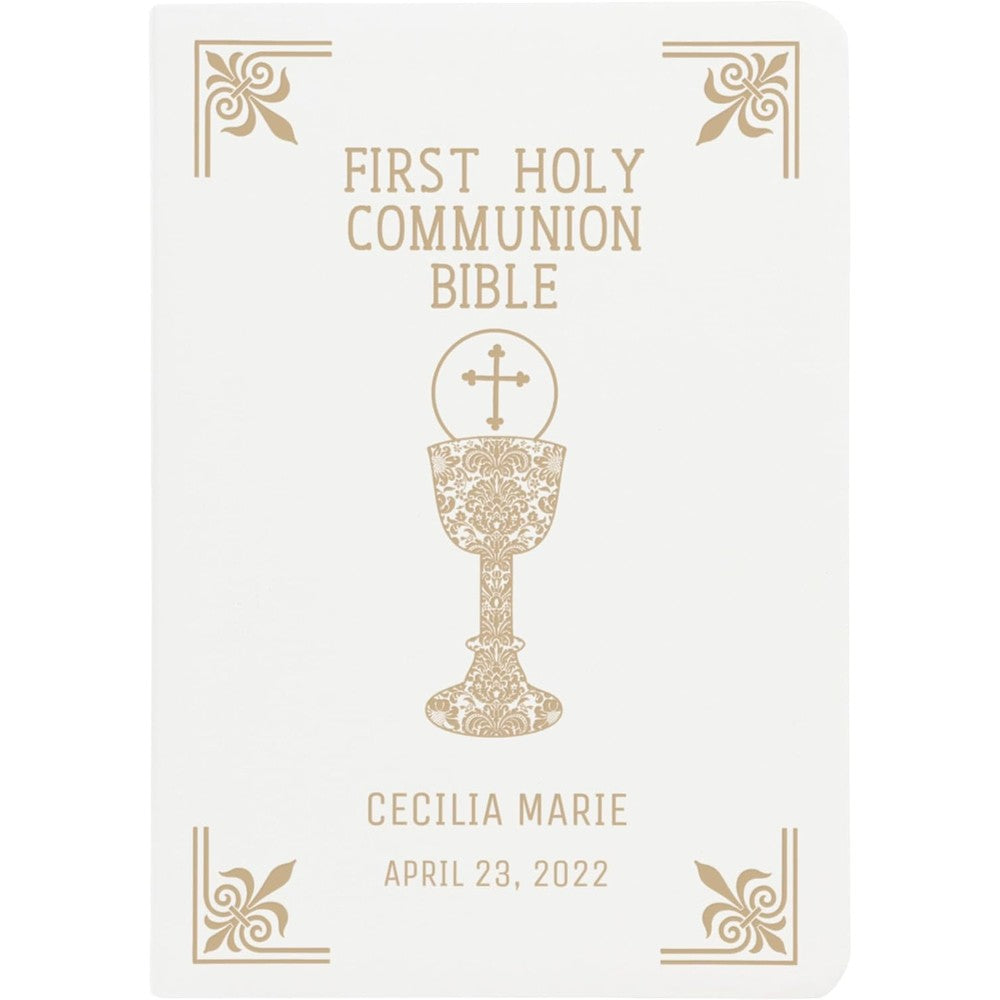 The Catholic Company personalized Catholic Bible white front view with gold embossed chalice design