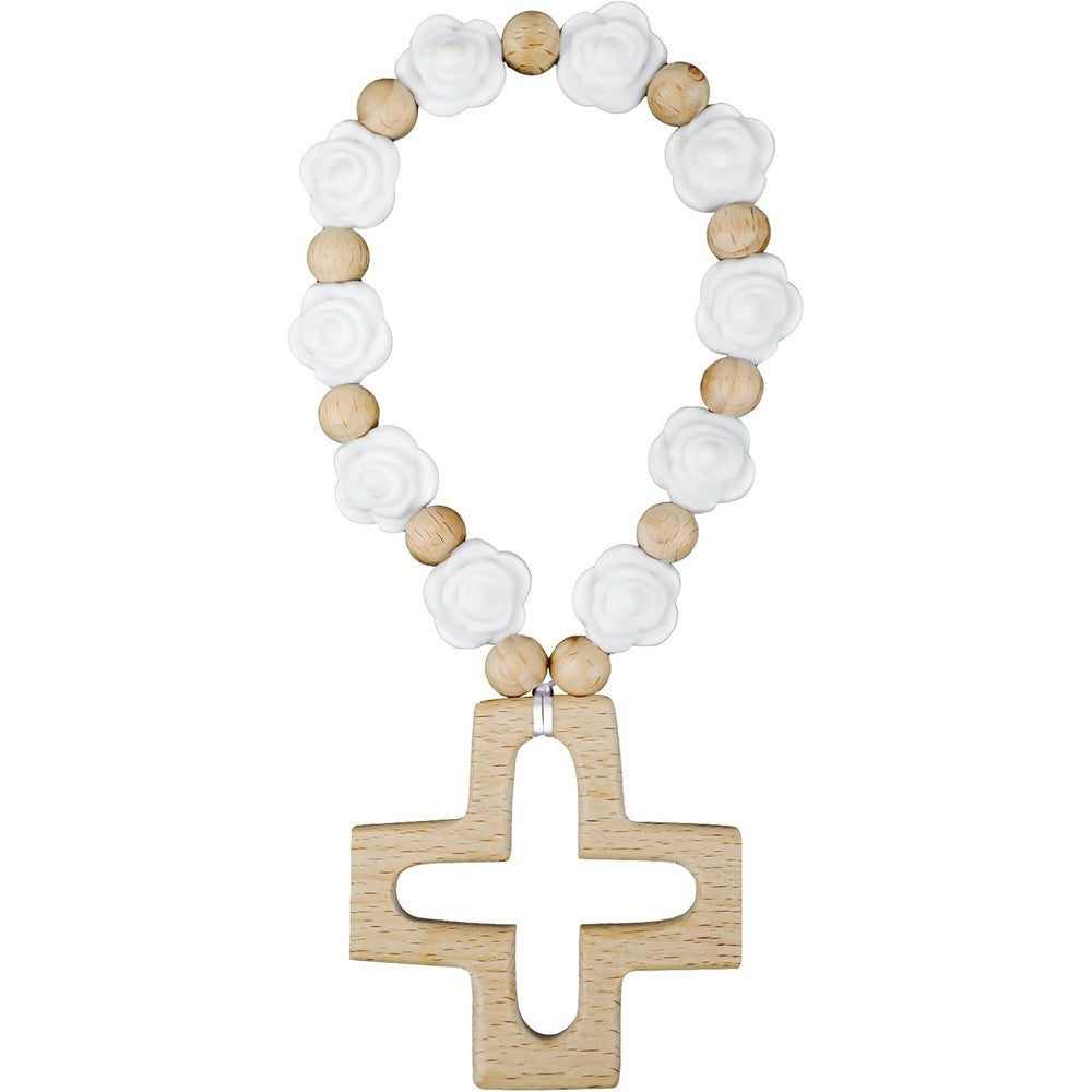 Sumalon Cross Baptism Silicone Rosary front view showing white flower beads and wooden cross.