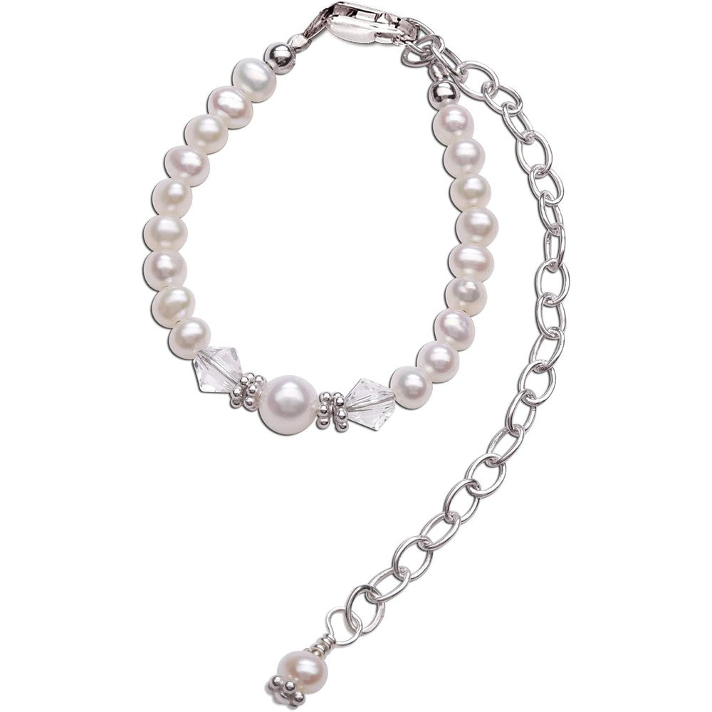 Cherished Moments Babe to Bride Keepsake Bracelet front view showcasing sterling silver cross and cultured pearls.