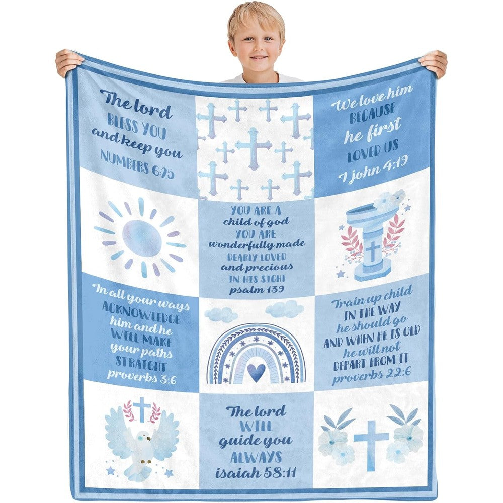 HEIFAM Christian baptism gift blanket front view featuring blue cross design and Bible verses.