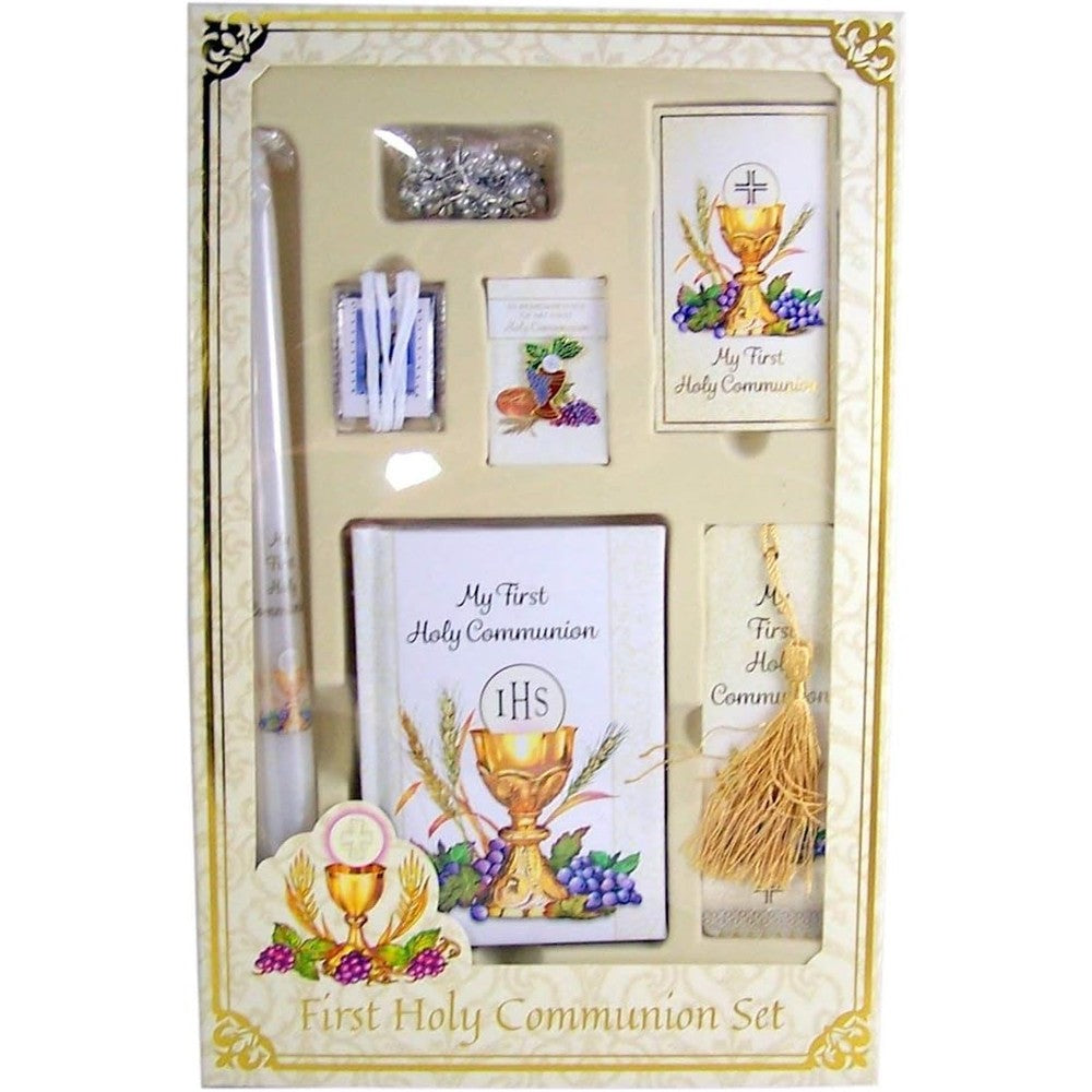 Christian Brands My First Holy Communion Deluxe Gift Set for girls front view showcasing the complete seven piece collection in presentation box.