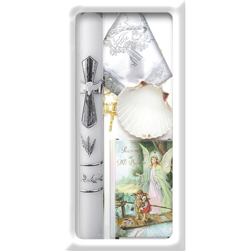 Lito's Children's Wear Baptism Candle Set front view showing the complete five piece green kit components.