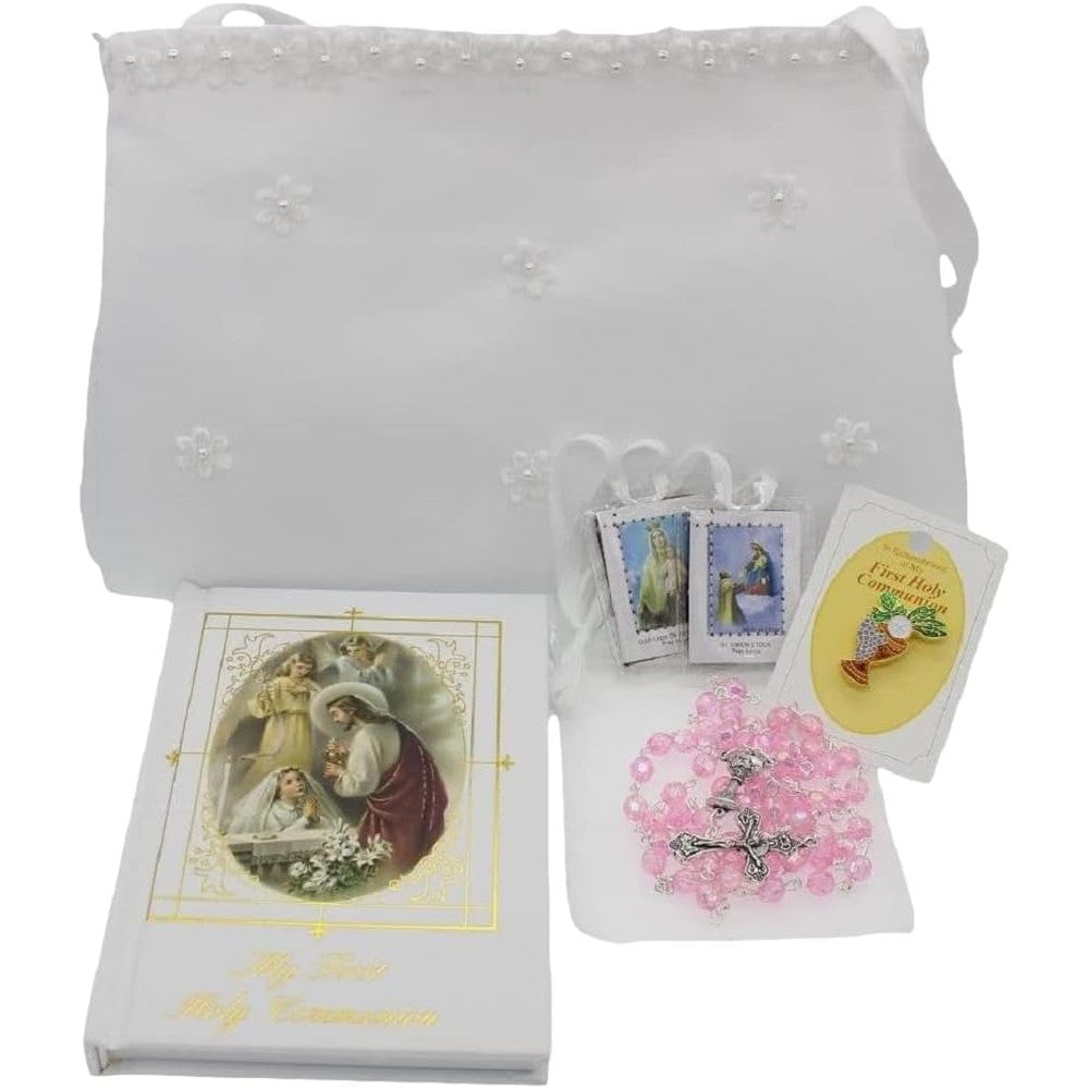 Christian Living Girls First Communion Gift Set front view showcasing the complete white satin purse and missal kit