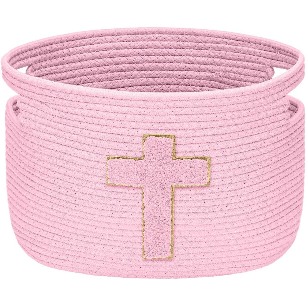 CubesLand Sliner pink baptism cross cotton rope basket front view for religious gift hampers