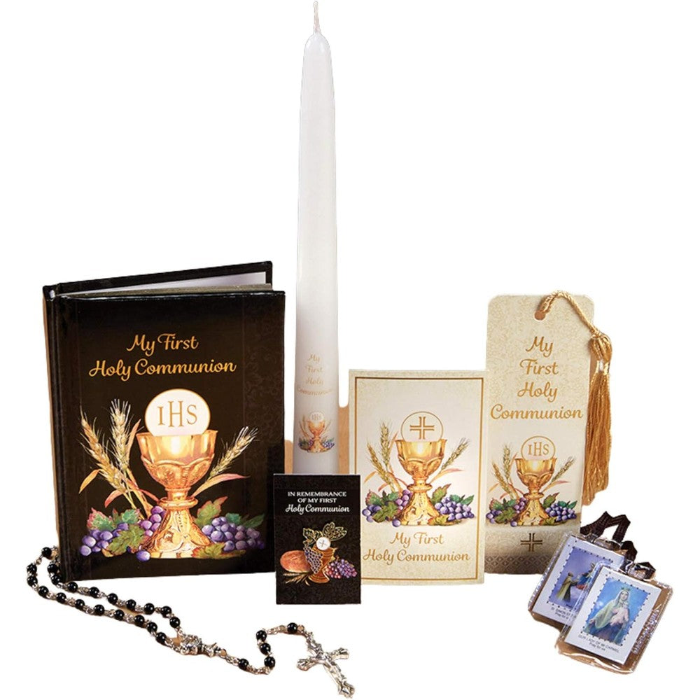 My First Holy Communion Gift Set Bread of Life Deluxe Boxed Set for Boys front view showing the 7 pieces inside the packaging.