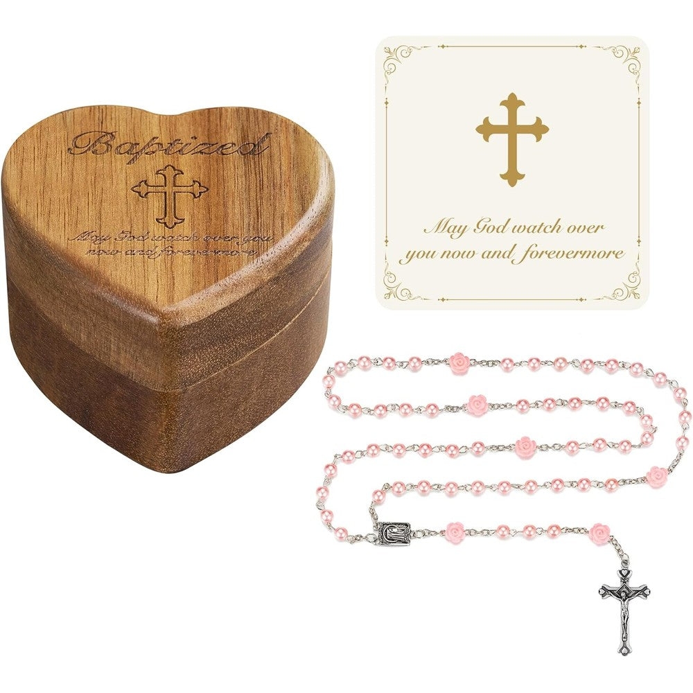 NORBU My First Rosary set front view showcasing the children's prayer beads and the engraved heart-shaped wooden box.
