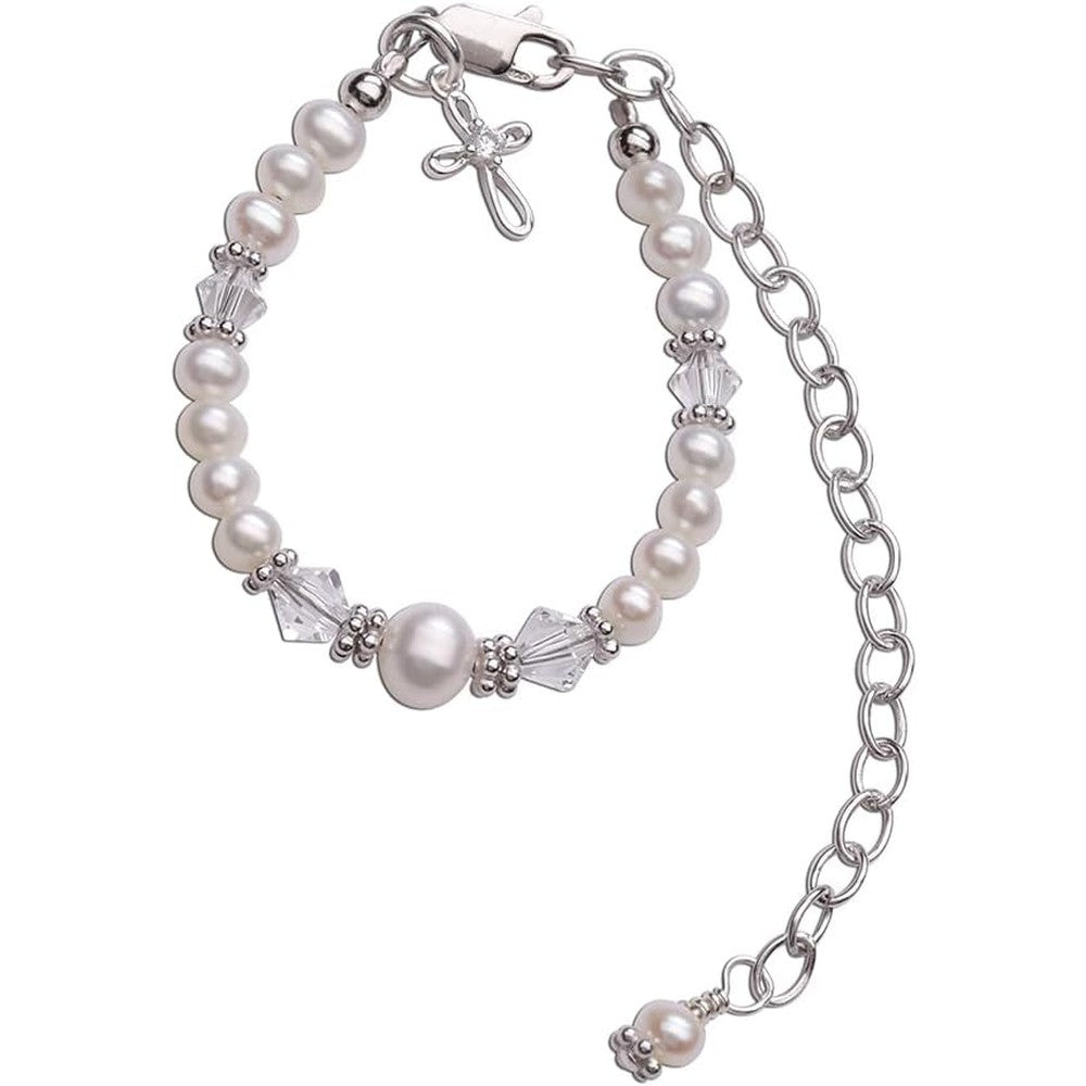 Cherished Moments Baptism to Bride Cross Bracelet front view showing sterling silver cross and pearls.