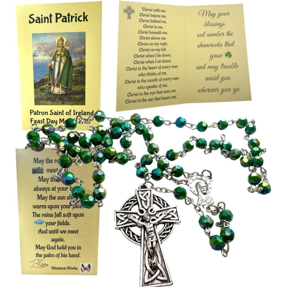 Westmon Works St Patrick Rosary and Card Gift Set front view showing green beads and Celtic cross.