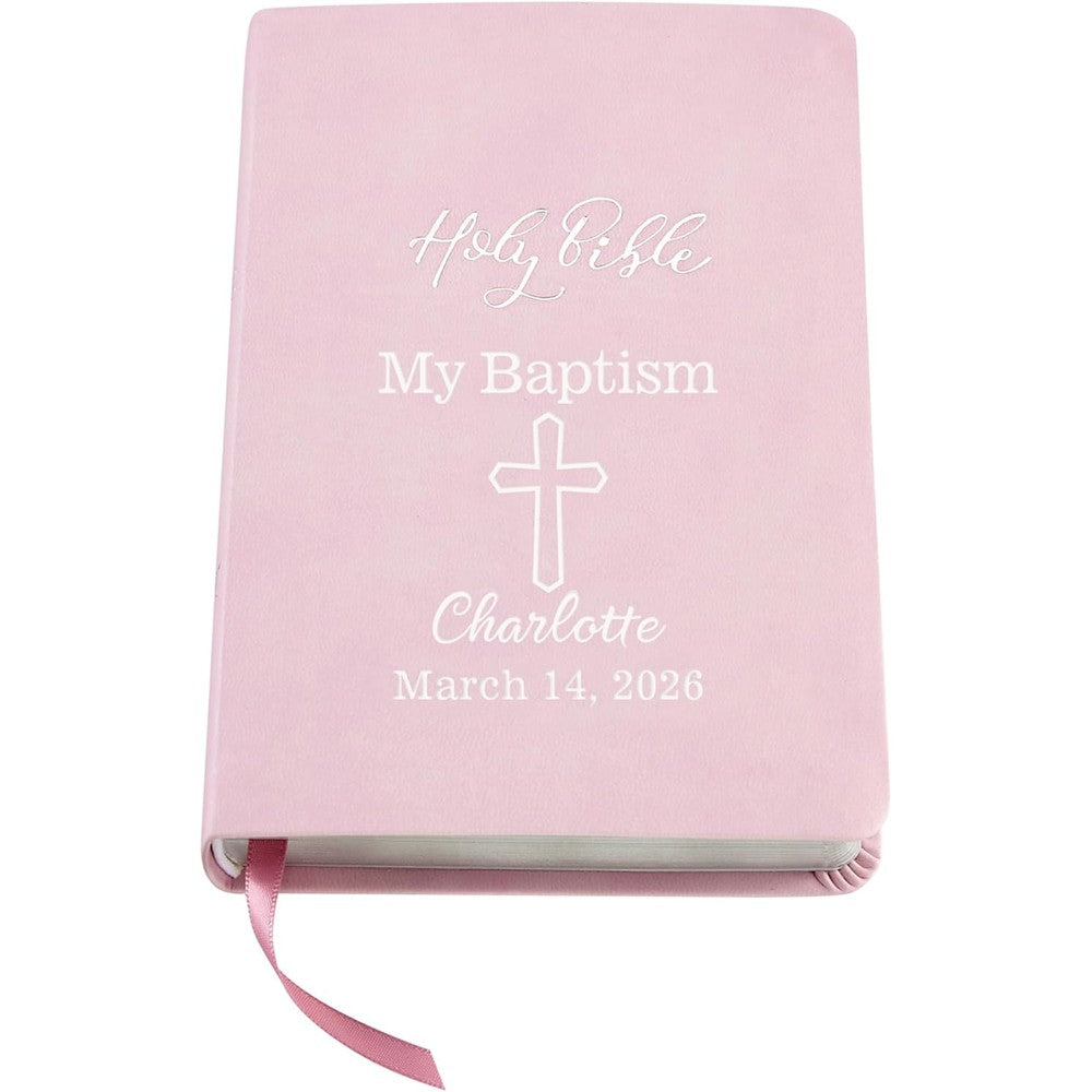 Let's Make Memories personalized children's bible front view showing pink soft leather cover with silver foil engraving