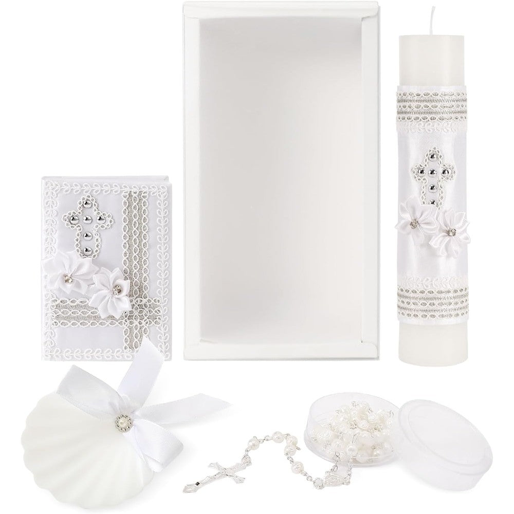 Rotel 5 piece baptism candle set front view showing the complete white christening kit.