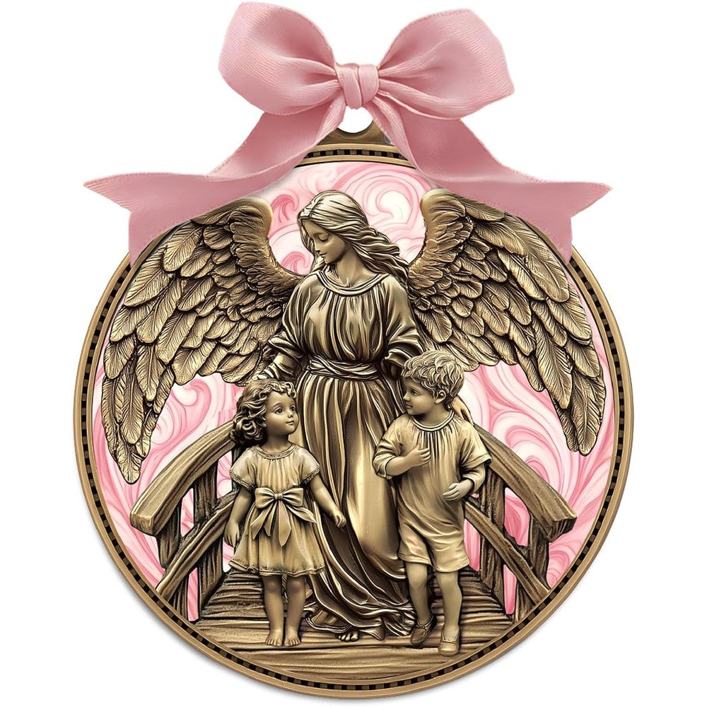 Misdary Guardian Angel Crib Medal front view featuring pink enamel and bronze-tone finish.