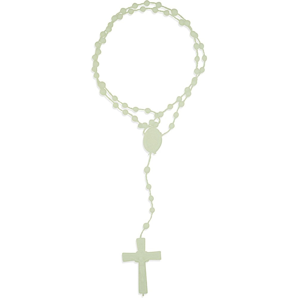 Venerare Vatican Imports plastic economy rosary front view showing the luminous white beads and crucifix