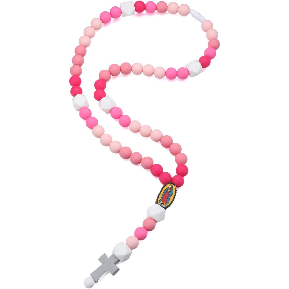 Kigeli cross baptism silicone rosary necklace front view showing the sky blue beads and central cross emblem.