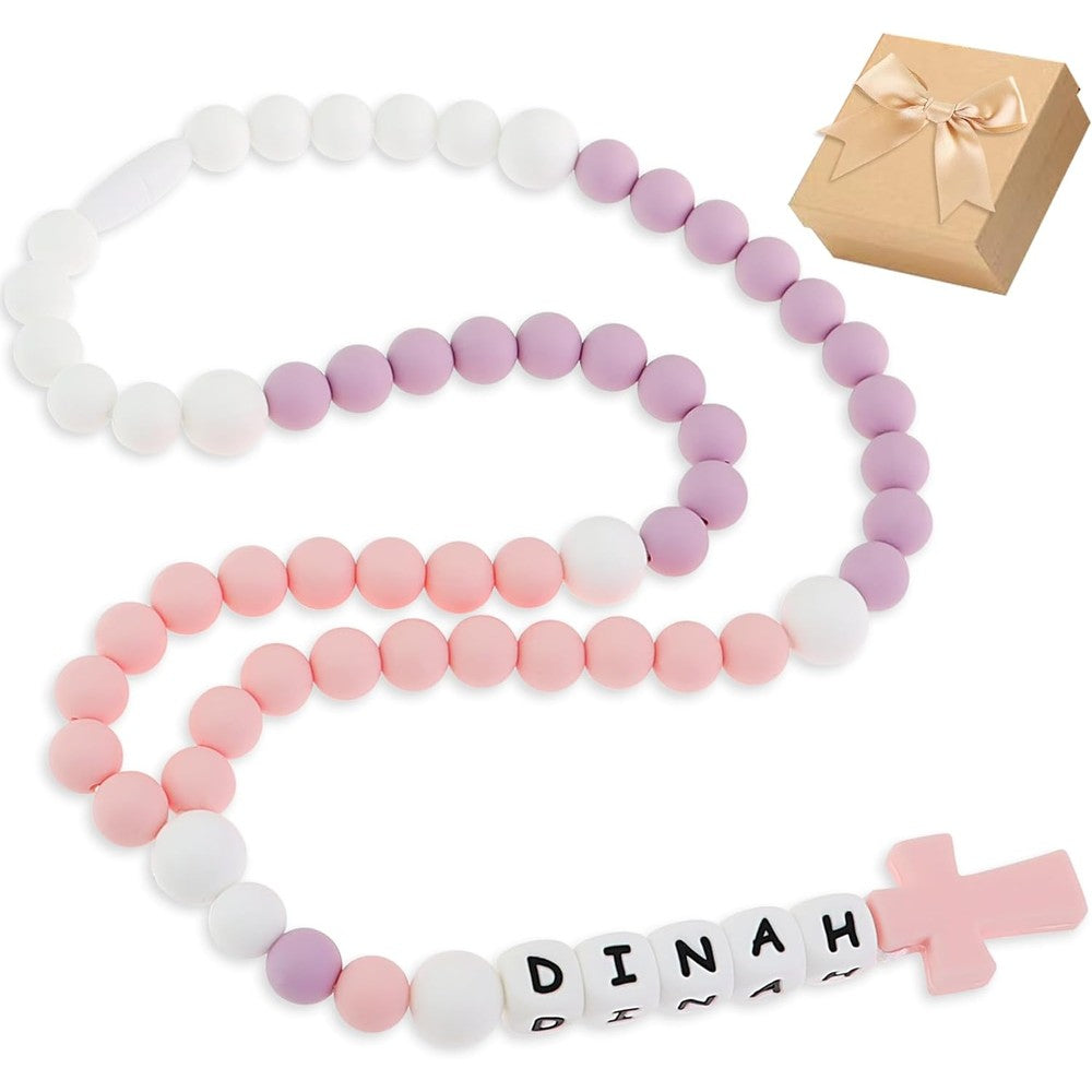 Custmade personalized name rosary front view showing customized silicone name beads and cross pendant