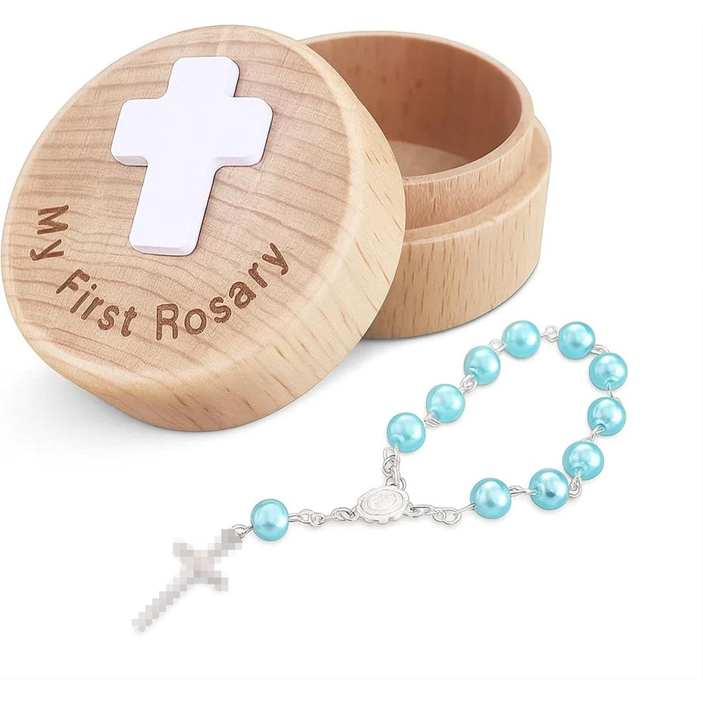 TBTFW My First Rosary and wooden keepsake box front view showing engraved lid