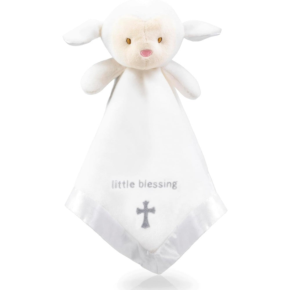 Tranquil Kiddo lamb lovey front view showing embroidered cross baptism blanket.