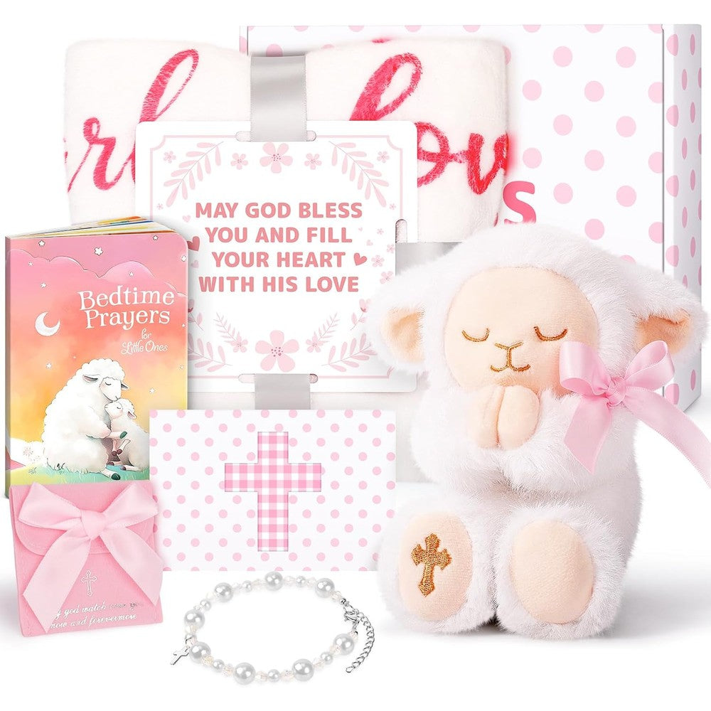 LOMEVE Baptism Gifts For Girl Catholic Christening Gift Set front view with plush lamb and blanket