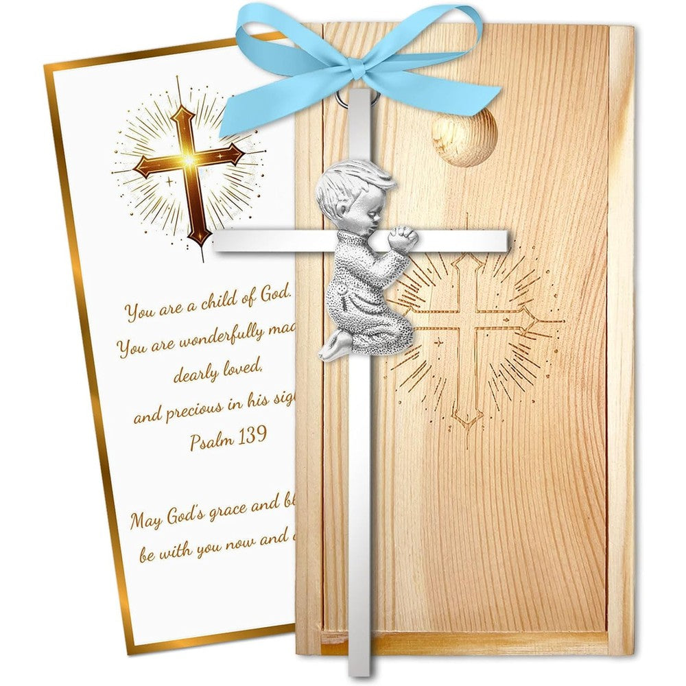 Meliatomia baptism praying cross front view of silver religious keepsake for kids