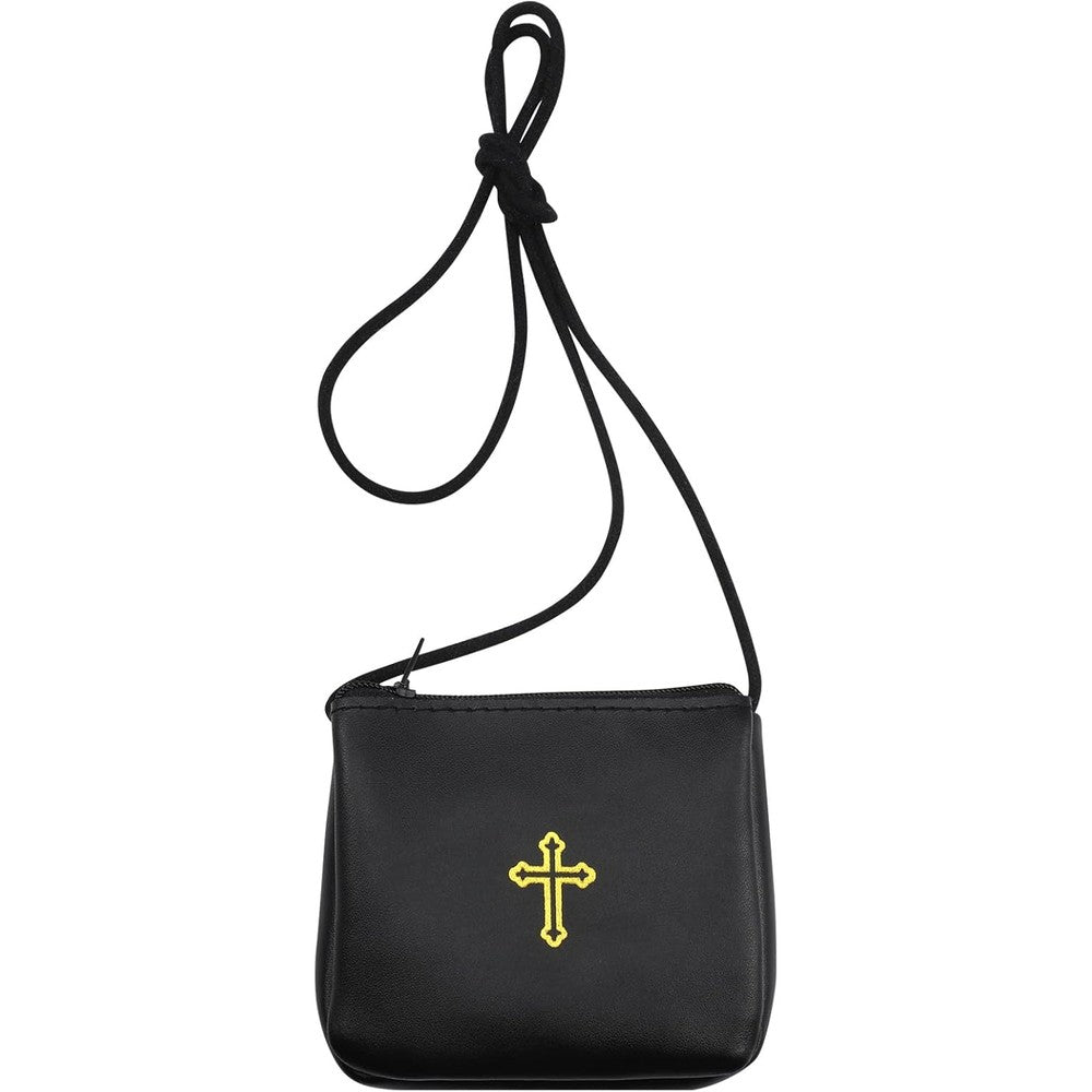 SilTriangle leather communion burse front view showing embossed gold cross on black leather.