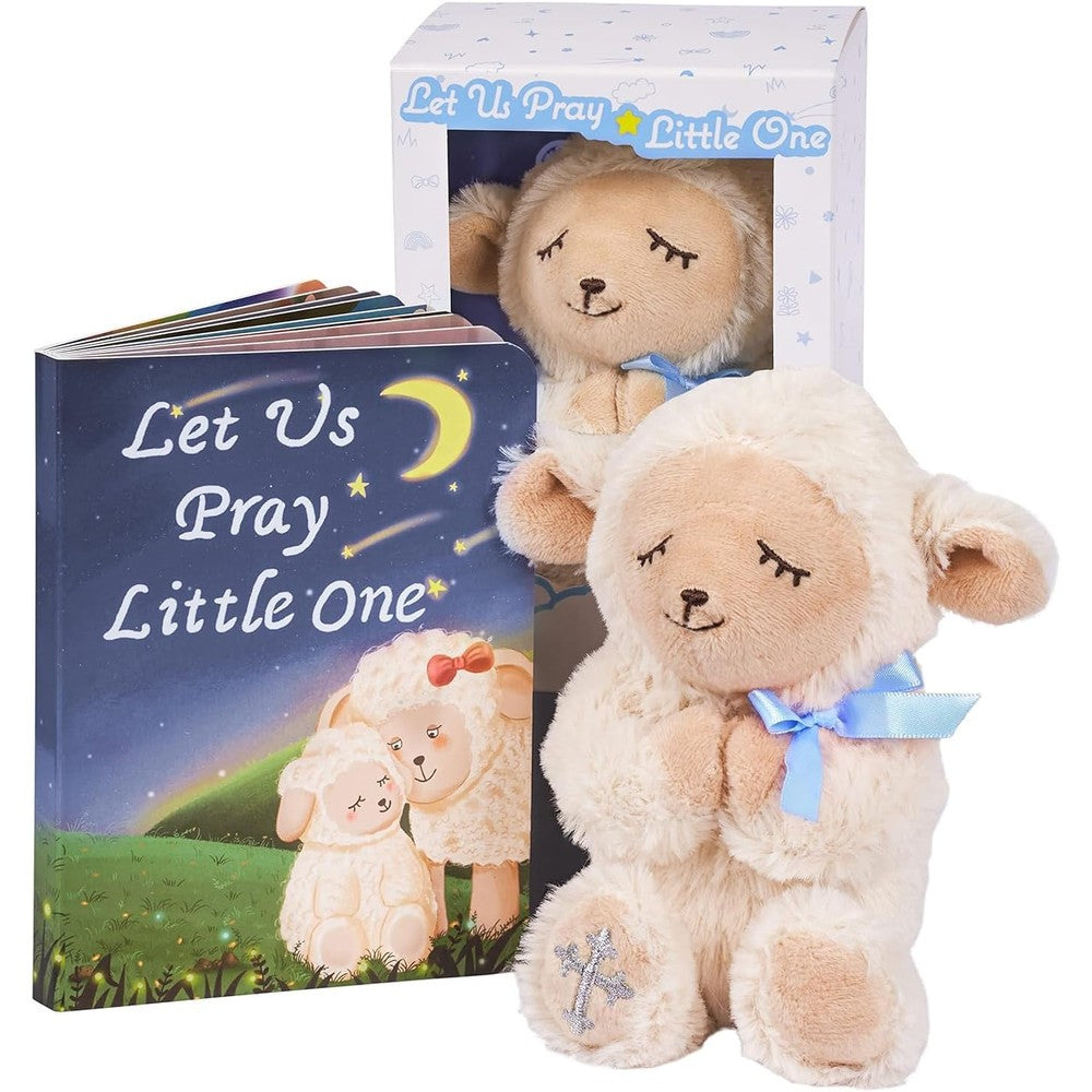 MyMateZoe baptism gifts for boys christening set front view showing the praying lamb plush toy and baby prayer book inside the blue keepsake box.
