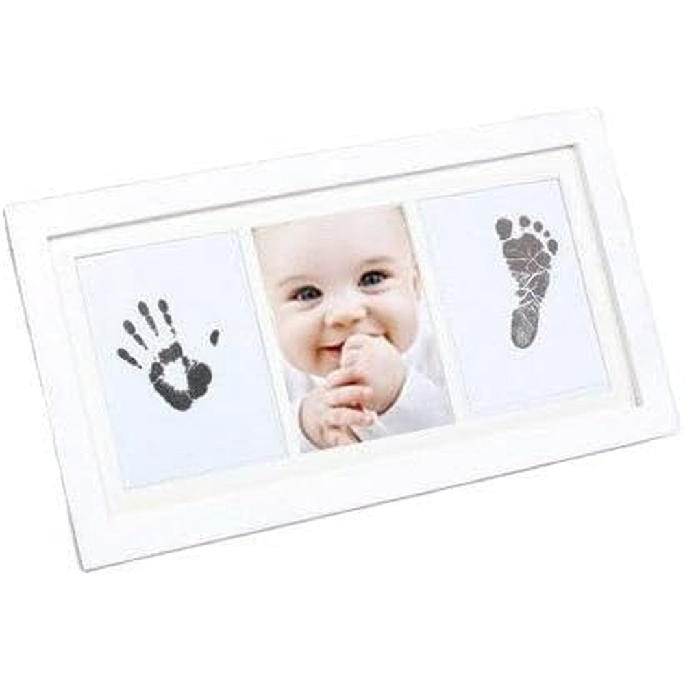 Flippeez HABP GLOBAL Inkless Baby Hand and Footprint Kit in Alpine White front view showcasing the wooden frame and mess-free ink pad.