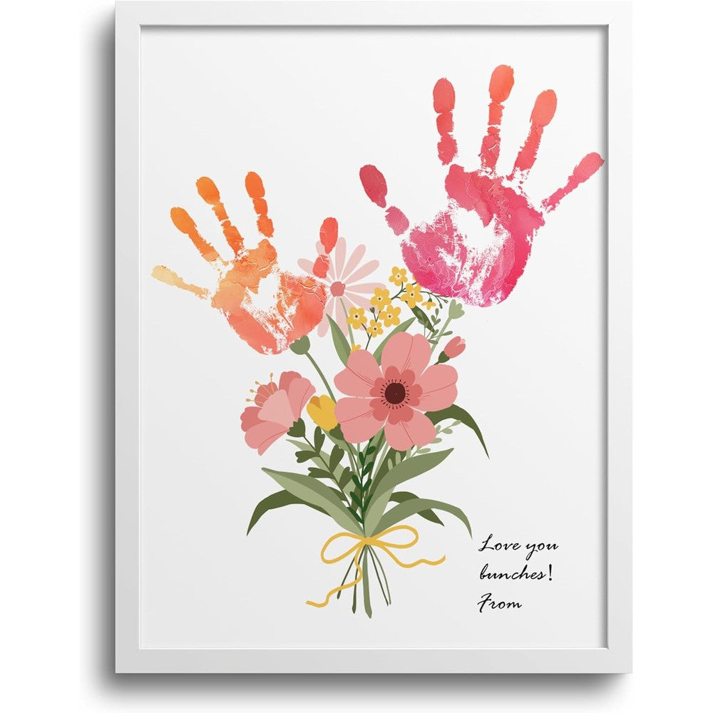 TwoDays Flower Bouquet Handprint Art Craft DIY Kit front view displaying finished floral keepsake with white frame