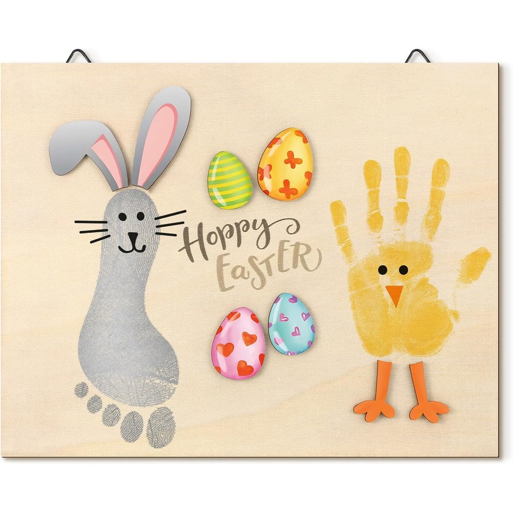 Wonderjune Baby's First Easter wooden milestone card front view showing pre-printed bunny ears and colorful eggs