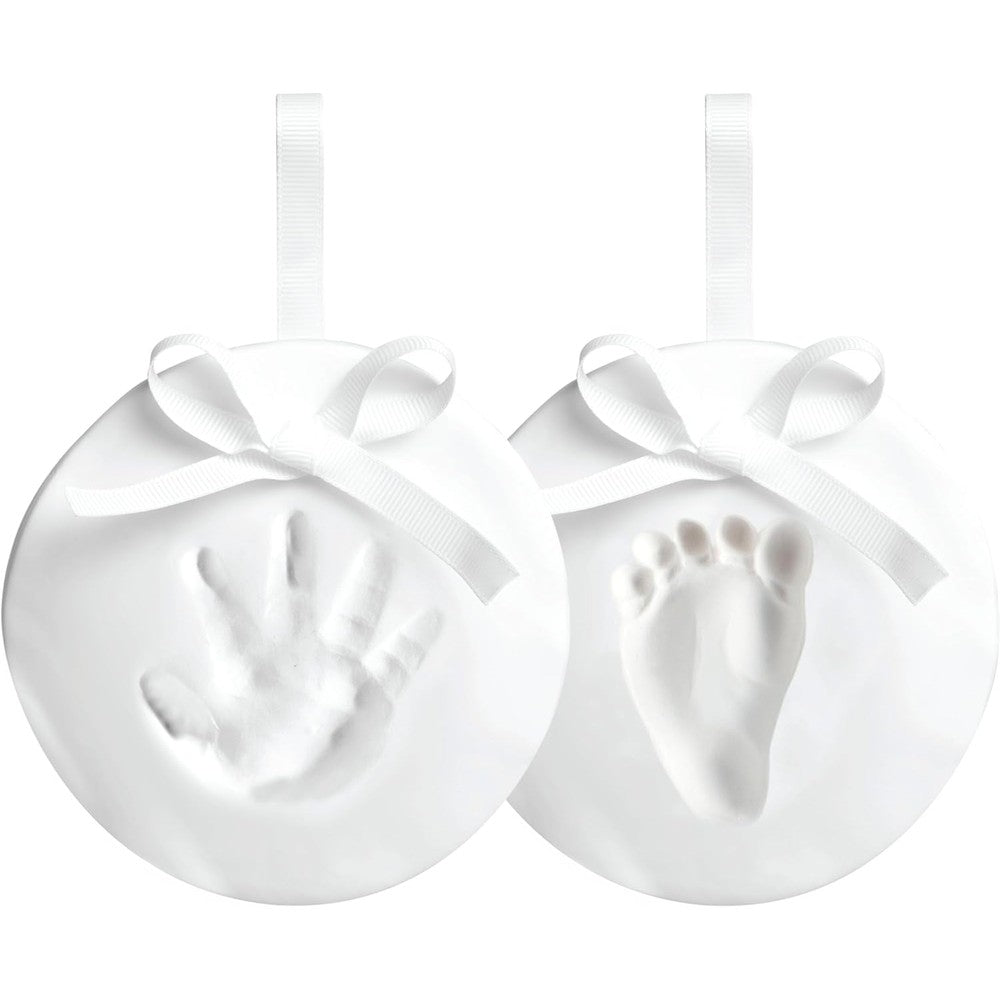 Reece Studio Baby Handprint and Footprint Christmas Ornament Kit front view showing DIY clay keepsakes with white ribbons.