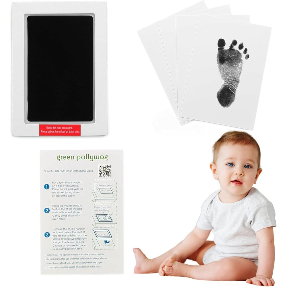 Green Pollywog Clean Touch Inkless Ink Pad front packaging view showcasing mess free baby footprint kit.