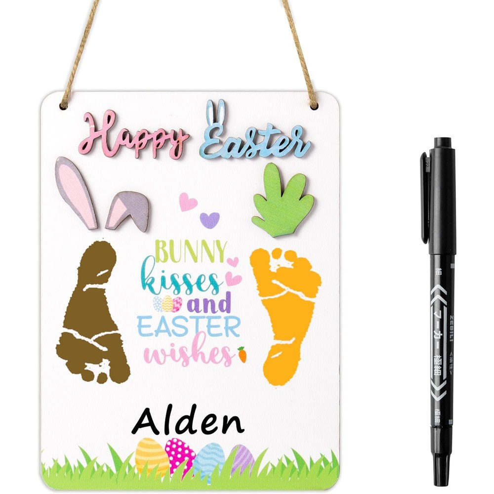R HORSE 3D Baby First Easter DIY Footprint Wooden Hanging Sign front view showing bunny and carrot details.