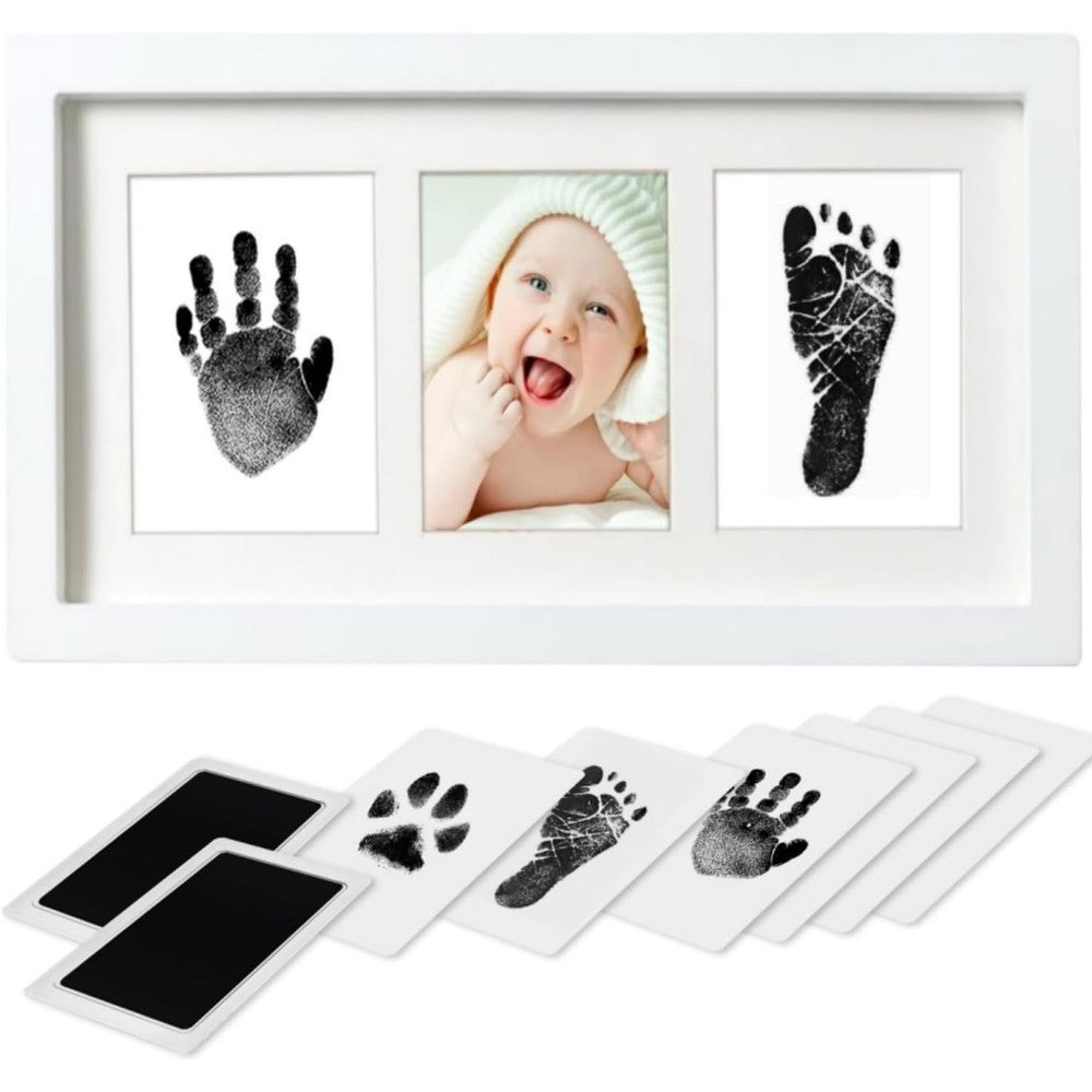 PewinGo baby hand and footprint kit front view showing white wooden frame and clean-touch ink pads