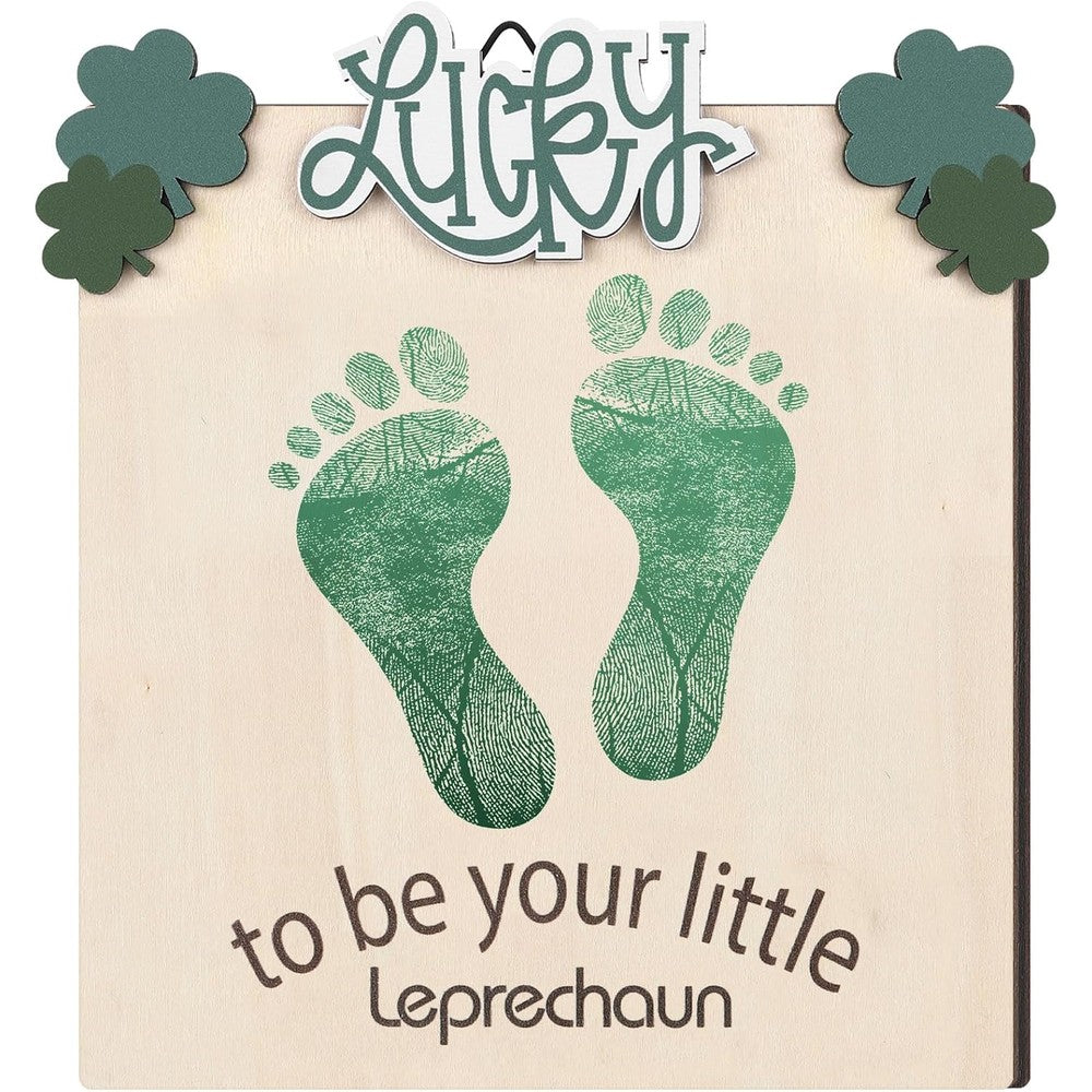 Beeveer baby footprint art wooden milestone card front view showing Ireland Shamrock design.