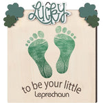 Beeveer baby footprint art wooden milestone card front view showing Ireland Shamrock design.