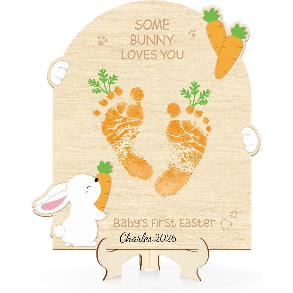 Sereliy Baby's First Easter DIY Footprint Art Card front view showing carrot design placeholder.