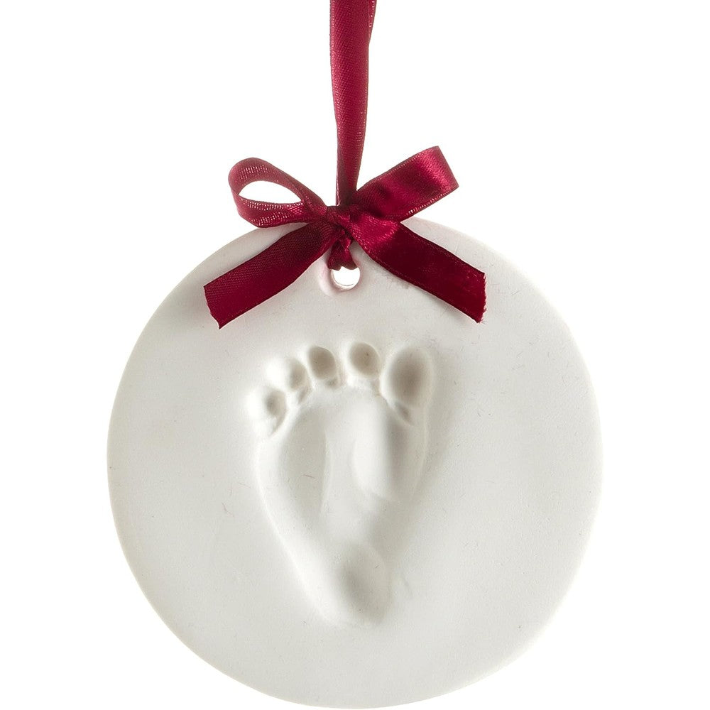 Pearhead Babyprints Keepsake Ornament kit front view packaging showing newborn footprint sample