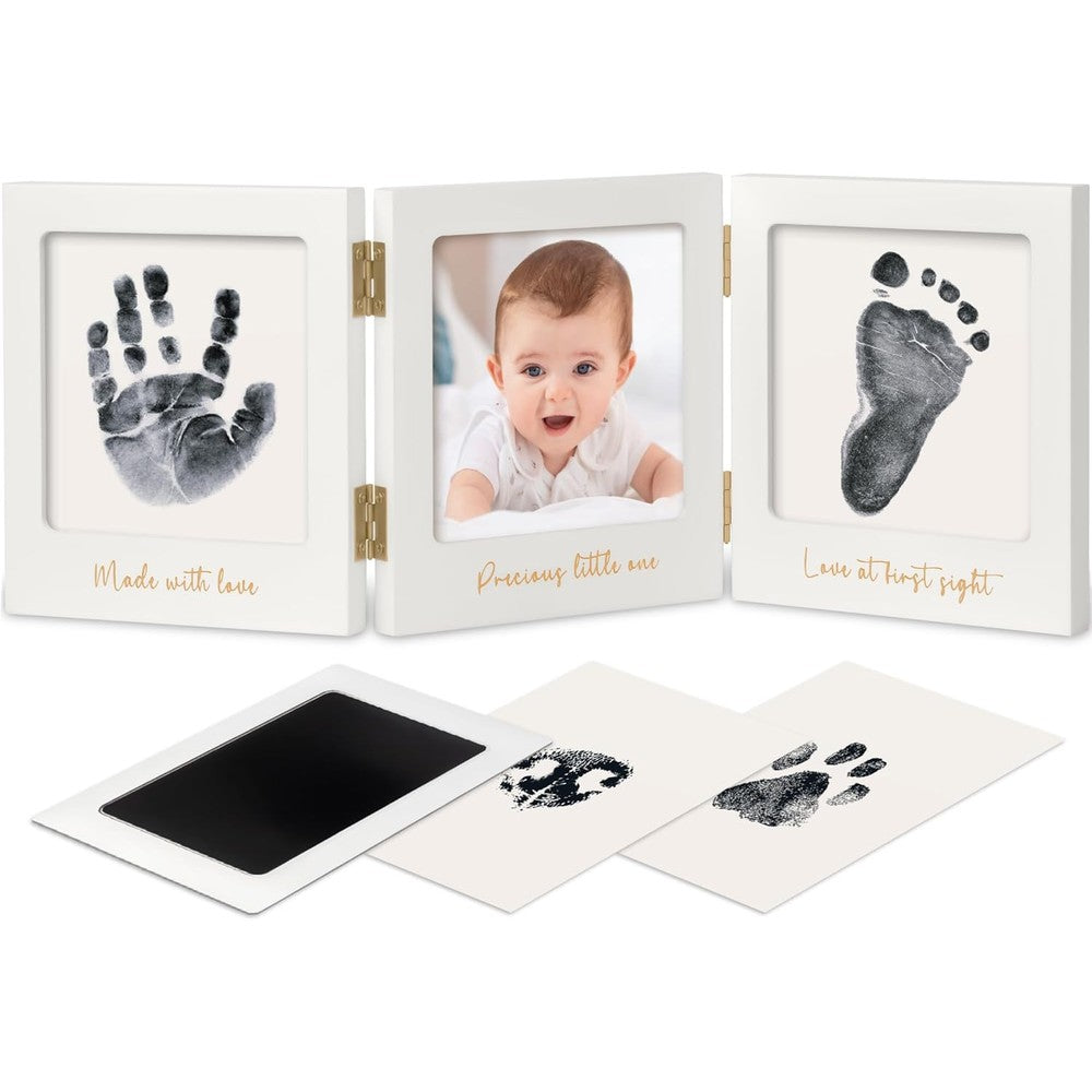 KeaBabies inkless baby handprint and footprint kit front view displaying white and gold wooden tri-fold picture frame.