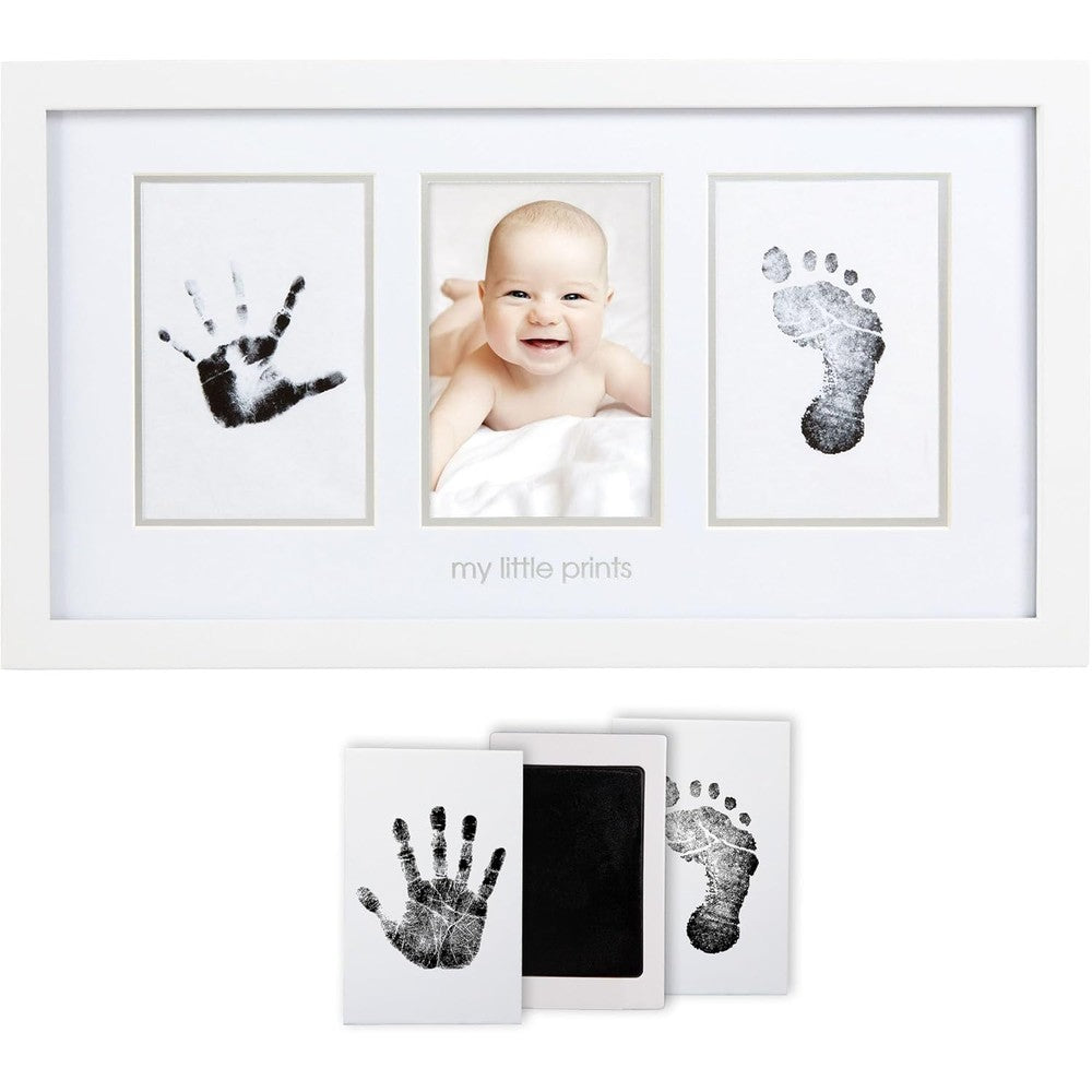 Pearhead baby handprint and footprint photo frame kit front view showing white wooden frame with newborn baby impressions and photo slot